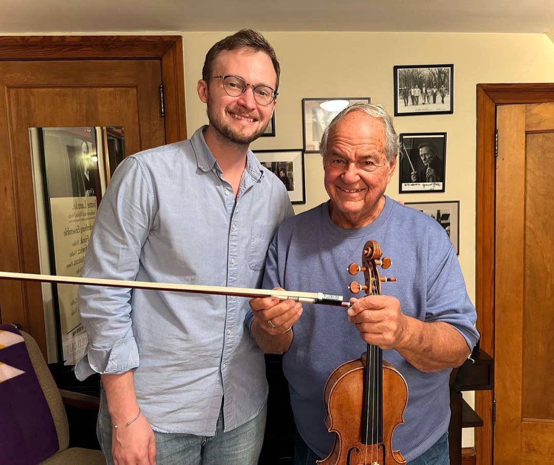 Sawyer Thomson with Jaime Laredo holding his violin and Op. 5 bow